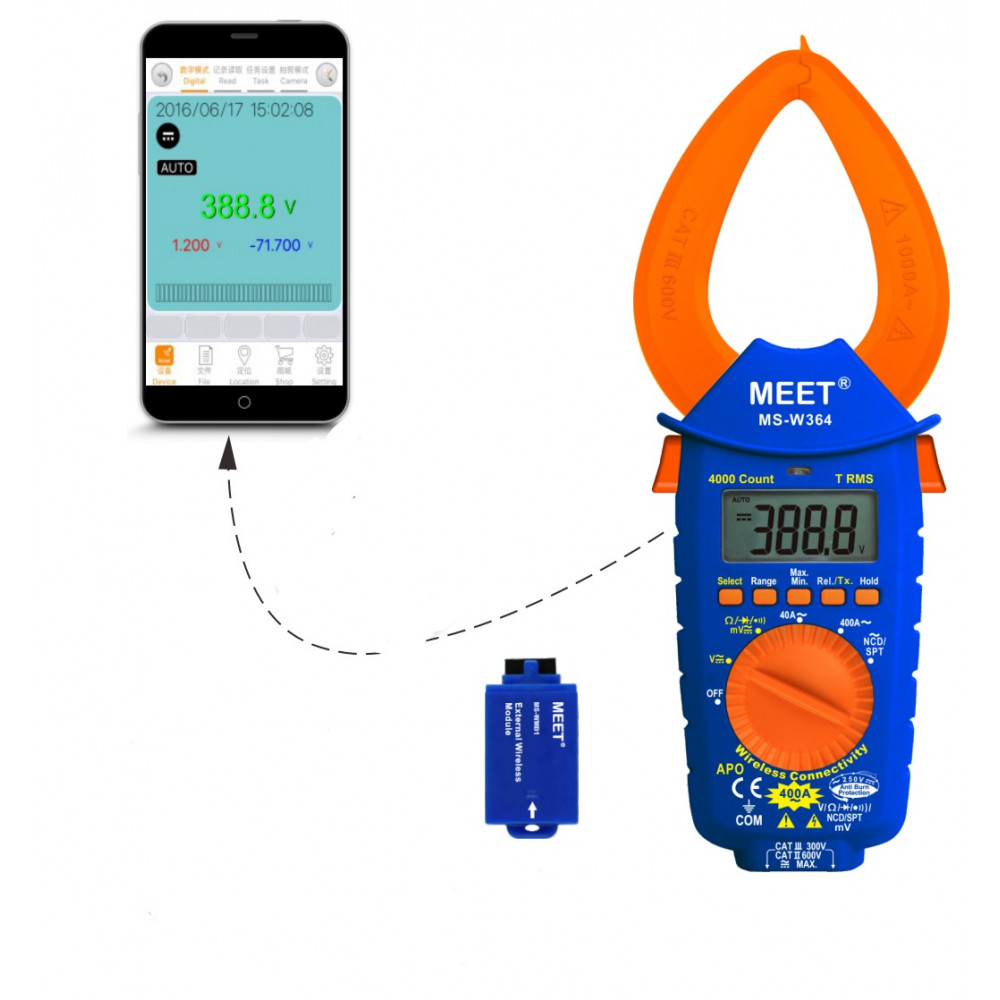 MS-W364 + WMB1 無線連接掌上 交流電, 交流 / 直流電 鉗形萬用錶 附帶 SPT／NCF 功能 + 藍牙模組
